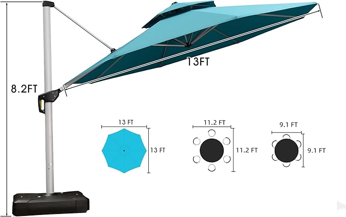 PURPLE LEAF 13 FT Cantilever Patio Umbrellas with Base Included, Large Round Offset Umbrella with 360° Rotation, Outdoor Aluminum Pool Umbrella for Pool Lawn Garden, Turquiose