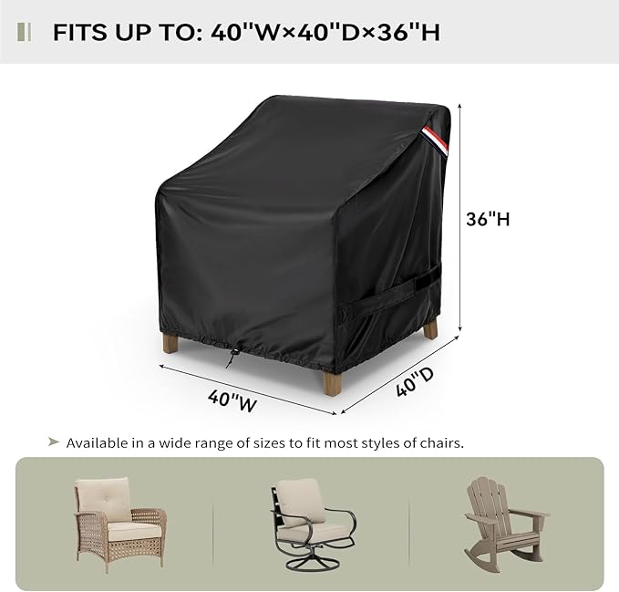 KylinLucky Large Waterproof Chair Covers Outdoor - Patio Chair Cover Waterproof Fits up to 40W x 40D x 36H inches Windproof Protector for Oversized Patio Chairs, 2 Pack Black