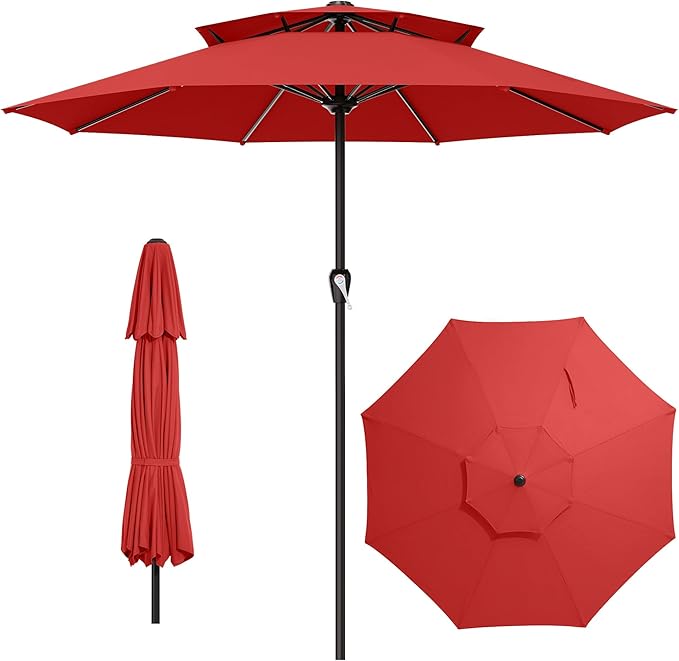 AreShark 12ft 2 Tiers Patio Umbrella - Outdoor Umbrella Waterproof UV Protection, Market Table Umbrella w/ 8 Sturdy Ribs&Crank for Pool, Porch, Garden(Red)