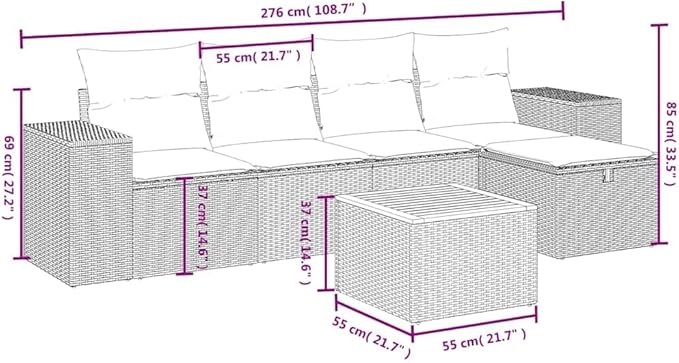 vidaXL Patio Sofa Set with Cushions 6 Piece, Outdoor Conversation Set, Sectional Sofa for Balcony Garden, Modern Style, Gray Poly Rattan