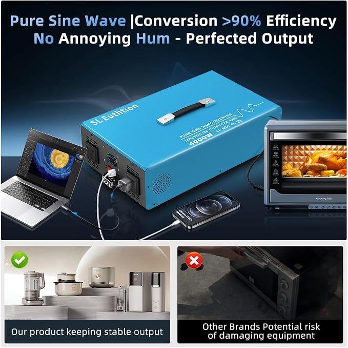 4000W Pure Sine Wave Power Inverter Voice Control AI Voice Assistant Support English 12V to 120V 60HZ with LCD Display, USB Port, for Car Home Laptop Truck