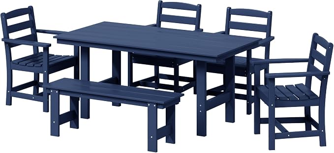 WestinTrends Ashore 6-Piece Outdoor HDPE Patio Dining Table Set with Bench, Navy Blue