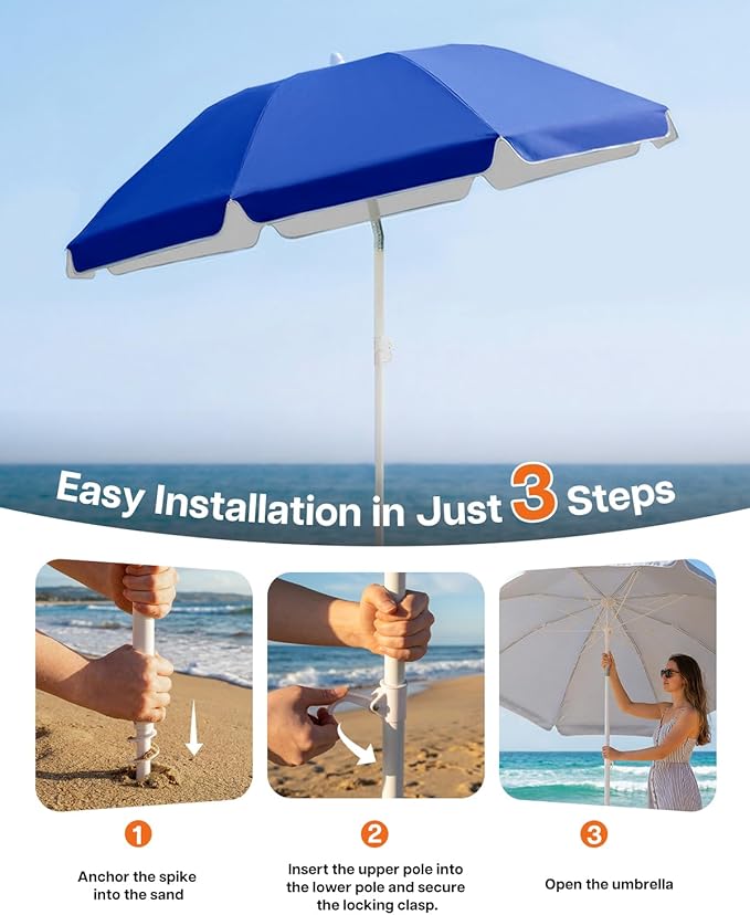 paramondo Beach Umbrella with Sand Anchor, Ultimate Adjustable Shade with Tilt & 360° Rotation, Portable 6FT Round Umbrella with Carry Bag, Windproof for Pool Patio Beach