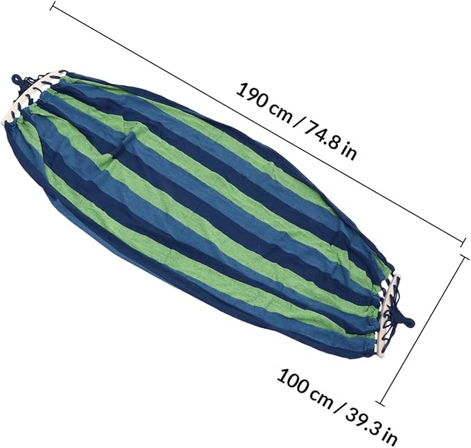 Outdoor Travel Canvas Hammock Swing, Single Widened Camping Hiking Hammock with Curved Bars, Blue Striped 190x100cm for Patio Garden Beach Relaxation