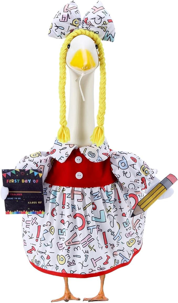 Back to School Porch Goose Outfits for 23 Inch Statue, First Day of School Costume for Cement Statue, Duck Sculpture Clothes for Classroom Patio Decoration