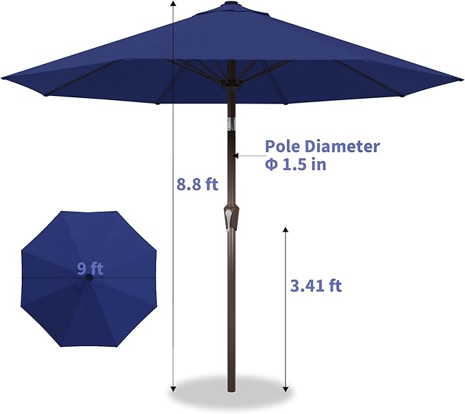 Kingdura 9FT Outdoor Patio Umbrella, Market Table Umbrella with Push Button Tilt & Crank, 8 Sturdy Ribs, UV Protection for Garden Lawn Deck Backyard Pool (Navy blue)