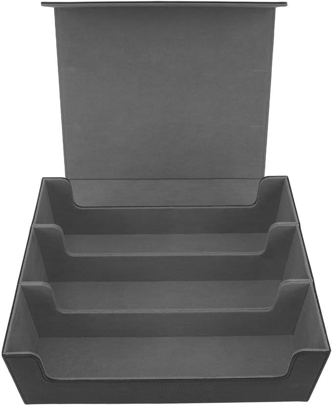 Pissente Card Deck Box 3 Rows Large Capacity Magnetic Closure PU Leather Card Deck Storage Case for Game Cards Tarot Cards (Black Shell with Grey Lining)
