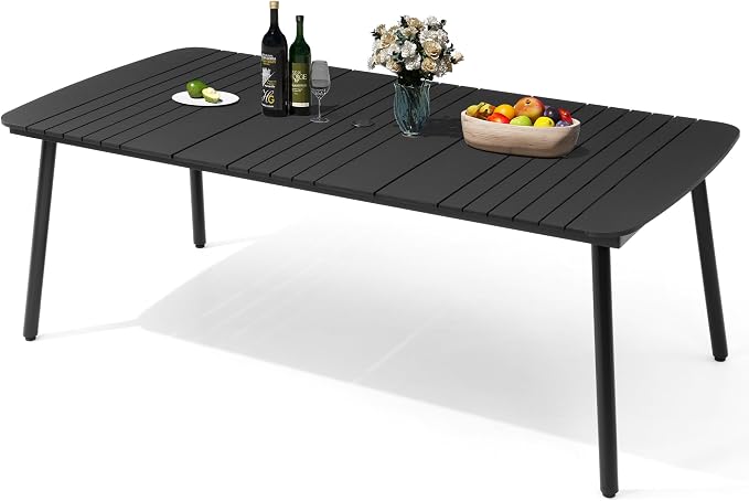 82" Outdoor Dining Table for 8 Aluminum Patio Table | Rectangle Black Table with Umbrella Hole and Wood Grain Tabletop for Lawn Backyard Garden