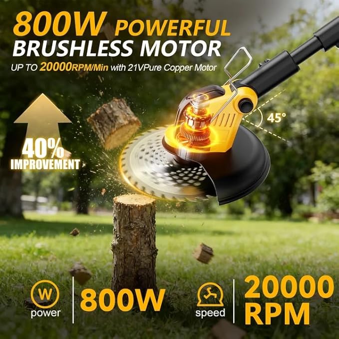 20000RPM Electric Weed Wacker Battery Powered 6000mAh, 800W Brushless Weed Eater with Wheels, 4-in-1 Brush Cutter/String Trimmer/Grass Trimmer/Edger Tool,Stringless Weed Trimmer Metal Blade,2 Battery