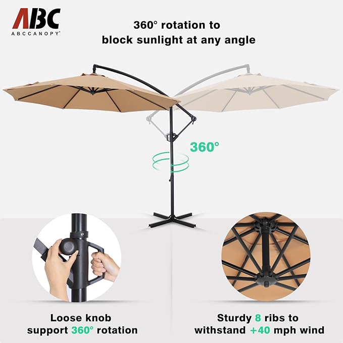 ABCCANOPY 10FT Cantilever Patio Umbrella with base included, 360° Rotation Outdoor Offset Umbrella for Backyard, Deck, Poolside (Khaki)