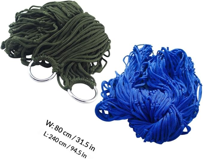 FRCOLOR 2pcs Outdoor Nylon Rope Hammocks Foldable Camping Swing Beds Mesh Hanging Hammock for Travel Backyard Patio, Blue and Army Green Random Color