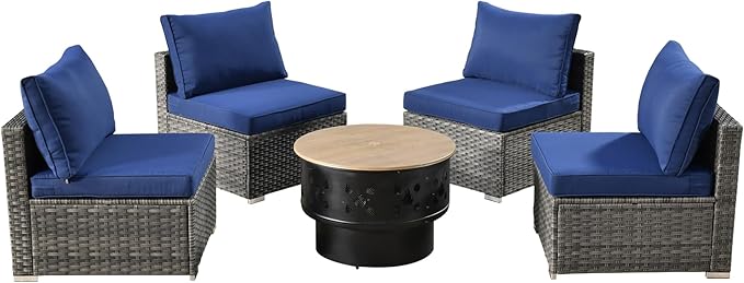 HOOOWOOO 5-Piece Outdoor Wicker Patio Furniture Set, All-Weather Rattan Chairs with Cushions and Fire Pit Table, Modern Garden Conversation Set for Patio, Porch, and Balcony (Navy Blue)
