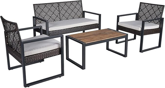 Outdoor Patio Furniture Set, 4 Piece Rattan Wicker Sectional with Loveseat Couch Sofa, Coffee Table and Chairs, Conversation Seating for Balcony, Porch, Deck, Backyard, Muebles de Exterior