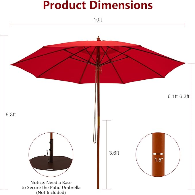 Tangkula 9.5 FT Red Wooden Pulley Umbrella with 8 Fiberglass Ribs, Rope Pulley Mechanism, and Vented Canopy for Patio, Deck, Poolside, Garden, Lawn, Terrace