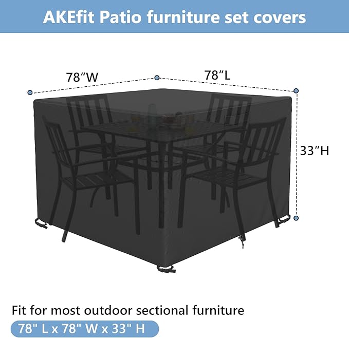 AKEfit Patio Furniture Covers,500D Heavy Duty Waterproof for Outdoor Square and Retangle Patio Table and Chair Covers, Black -78"L x 78"W x 33"H