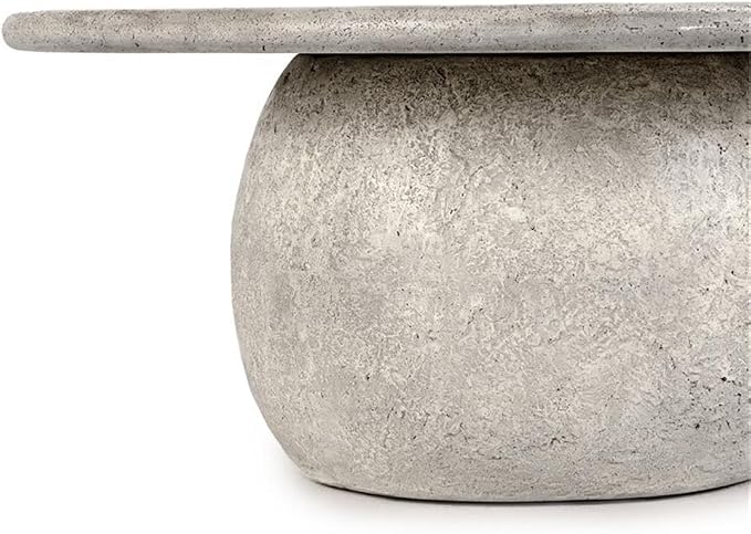 Pemberly Row 42-Inch Round Outdoor Coffee Table, Light Gray Concrete Stone, Plinth-Style Base, Smooth Finish, Durable Modern Industrial Design for Patio or Backyard Spaces