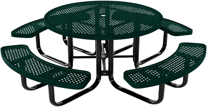 COATEDOUTDOORFURNITURE Heavy-Duty Portable Outdoor Kids Table with Umbrella Hole, Punched Steel Kids Picnic Table, Commercial-Grade, Made in America (46 in, Round, Childrens, Textured Dark Green)
