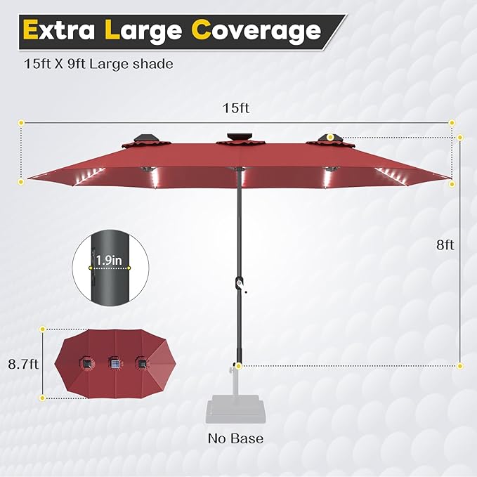 AECOJOY 15ft Patio Umbrella with Solar Lights, Large Patio Umbrella with Crank Handle and 156 PCS LED Lights, Outdoor Rectangular Market Umbrella for Backyard Deck Pool in Dark Red(1.9" Pole)