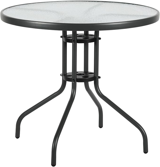 31.5" Indoor/Outdoor Glass Patio Table, Round Tempered Glass Top with Metal Frame, Bistro Dining Table for Balcony, Garden, Patio, Assembly Required