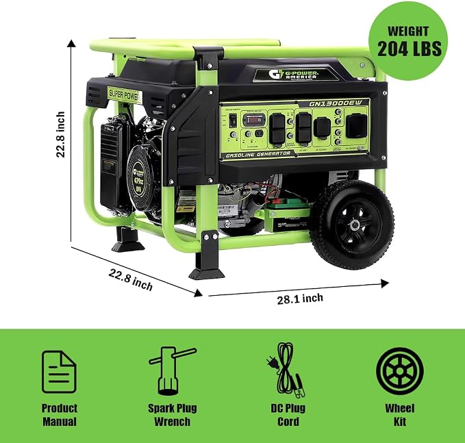 Green-Power America Portable Generator 13000 Watt,Gasoline Powered,Recoil/Electric Start, 12V-8.3A Charging Outlets, Home Back Up & RV Ready