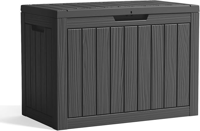 46 Gallon Outdoor Deck Box, Resin Waterproof Storage Box With Lockable Lid, UV-Resistant Multi-Purpose Outdoor Storage Bench for Patio Cushions, Garden Tools, Pool Accessories (46 Gallon, Black)