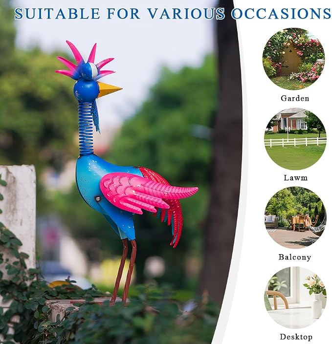 Metal Wacky Rooster Garden Statue for, Patio, Backyard, Lawn | 18'' Rooster Decor, Yard Statue Decorations Outdoor, Chicken Yard Art, Blue & Pink