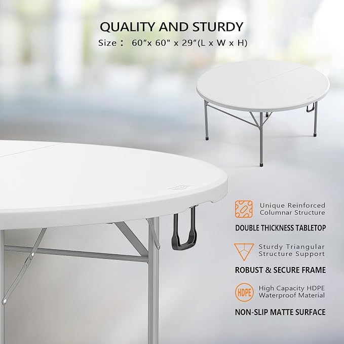 VINGLI White 5 FT Round Bi-Folding Commercial Table, 60 inch Portable Plastic Dining Card Table for Kitchen Party Wedding Event, 5-Pack