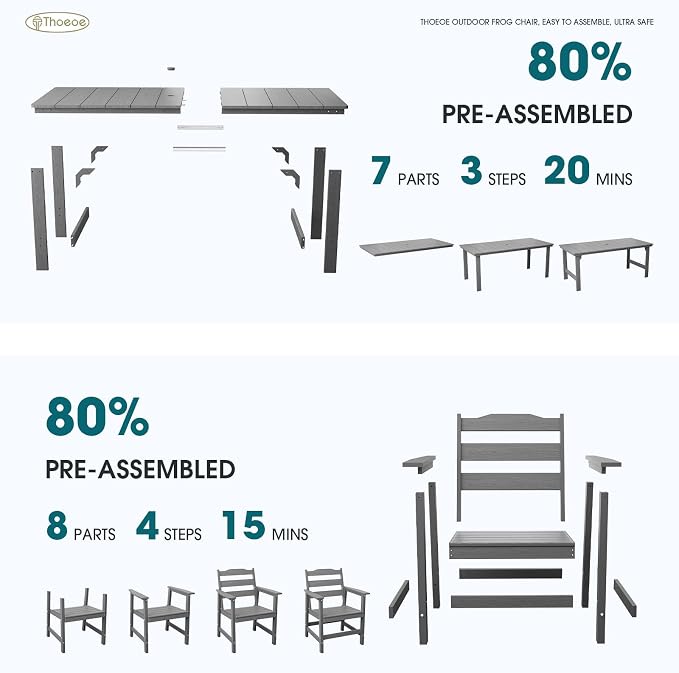 THOEOE 5 Piece Outdoor Dining Set, Patio Dining Table and 4 Chairs, All-Aluminum Frame, All-Weather HDPE Outdoor Furniture with Umbrella Hole for Garden, Lawn, Poolside, Grey