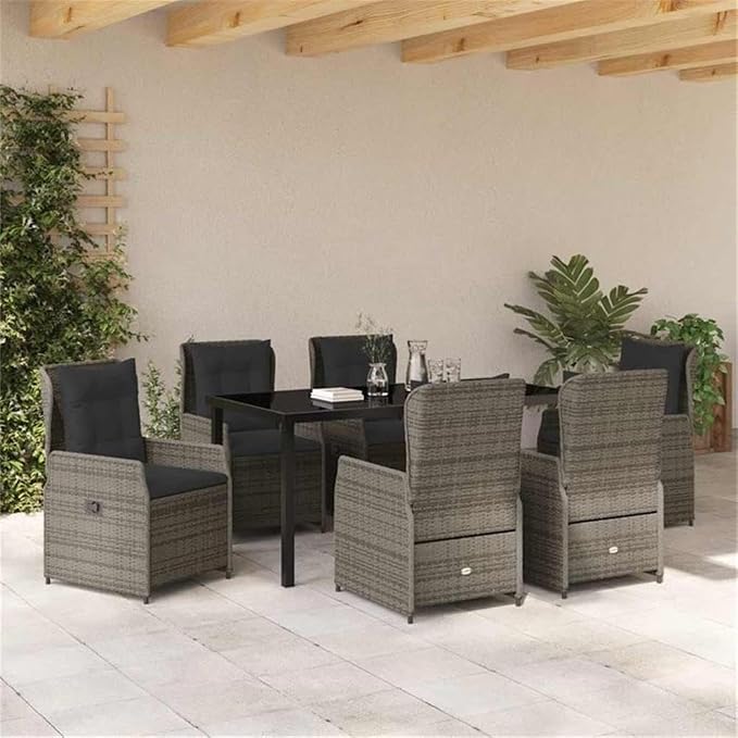 Afuera Living 7 Piece Poly Rattan Patio Dining Set, Gray Finish, Adjustable Backrest Chairs, Tempered Glass Table, Weather-Resistant Outdoor Garden Furniture for Family Gatherings and Dining Use