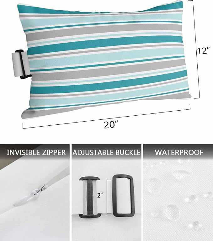 Pack of 2 Outdoor Lumbar Pillow Covers 12x20 Inch, Grey Blue Striped Waterproof Throw Pillow Covers Set, Farmhouse Stripes Modern Abstract Art Outside Decorative Cushion Cases for Patio Porch Car