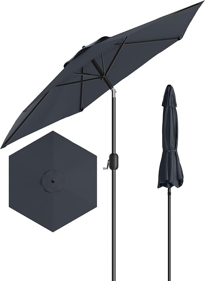 GarveeLife 7.5 ft Outdoor Patio Umbrella, Outdoor Table Umbrella, Market Umbrella with Push Button Tilt and Crank, 6 Sturdy Ribs UV Protection Waterproof for Garden, Deck, Backyard, Pool (Grey)