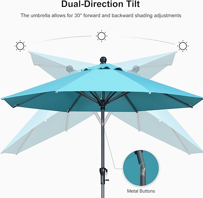 PURPLE LEAF 9' Round Patio Umbrella Outdoor Table Umbrella Aluminum Frame Market Umbrella Sun Umbrella with 8 Sturdy Ribs Tilt for Garden Deck Lawn Pool Turquoise Blue
