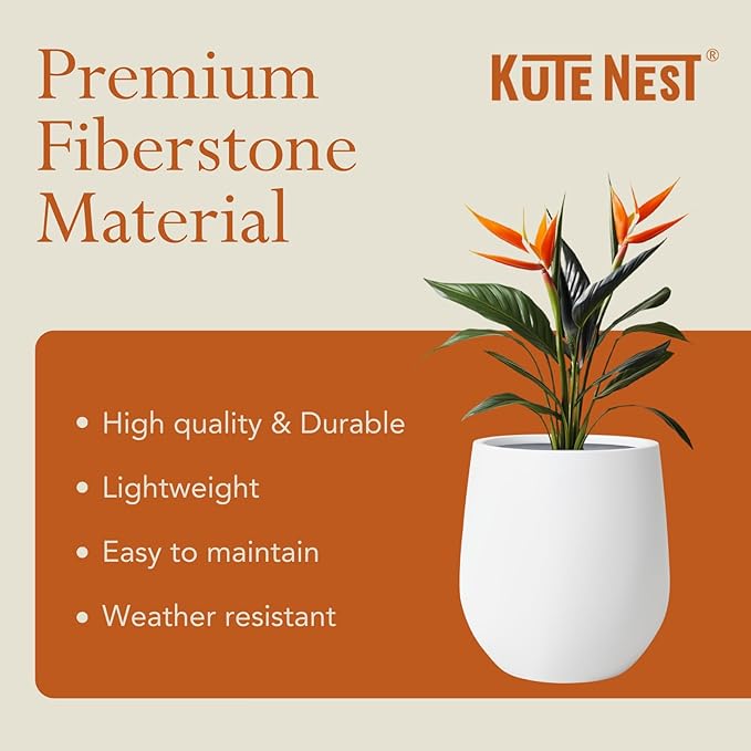 KUTE NEST 21" H x 19" D Premium Corso Fiberstone Round Tapered Planter with Drainage Hole, Weather Resistant for Indoor and Outdoor Use, Included 2 Extra Coco Mats (White, 15" Pot Opening)