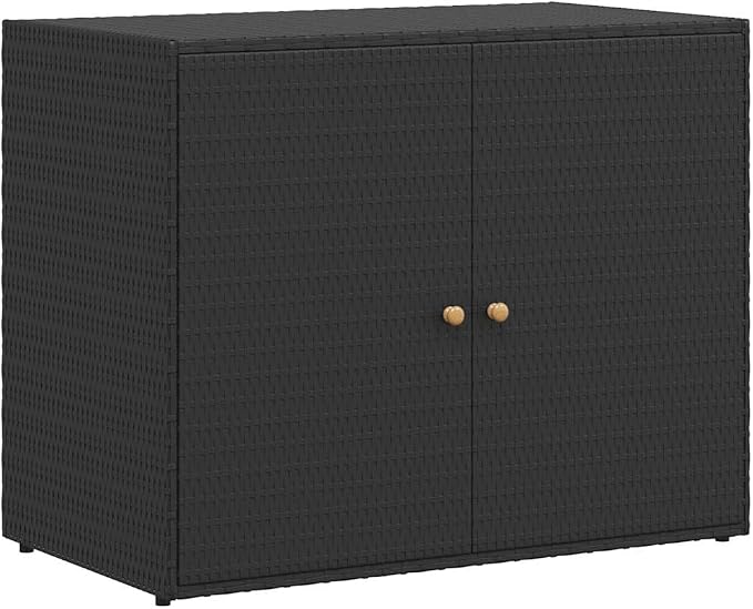 Outdoor Garden Storage Cabinet, Poly Rattan Deck Box for Patio, Backyard Organization, Waterproof 2-Door Sideboard, 39.4x39.4x31.5 Inch, Black