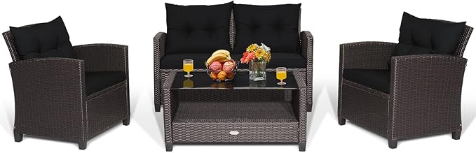 Tangkula 4-Piece Patio Furniture Set, Rattan Wicker Chair Set with 1 Loveseat, 2 Single Sofas, 1 Coffee Table with Tempered Glass Top, Outdoor Furniture Sets for Backyard, Porch, Garden and Poolside