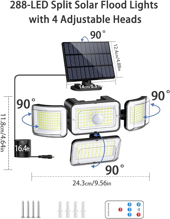 CLAONER Solar Outdoor Lights Motion Sensor 3500LM 288 LED Security Light with Remote Control IP67 Waterproof 4 Heads Flood Lights with 16.4ft Cable 4 Modes (1 Pack)