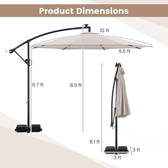 Tangkula 10 FT Solar Patio Umbrella with Base Included, Cantilever Offset Hanging Outdoor Umbrella with 96 Multi-Colored Flowing LED Lights, 9 Modes, Tilt Adjustment, 360° Rotation, Crank for Pool Yard Deck Lawn (Beige)