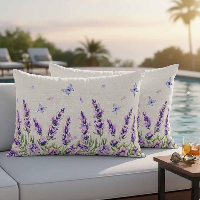 Botanical Lavender Floral Outdoor Waterproof Pillow Covers, Purple Flowers Butterfly Beige Decorative Rectangle Throw Pillowcase Sofa Cushion Sham for Patio/Couch/Chair, 20"x12" 2 Pack