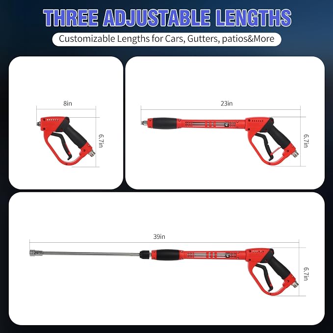 Long Handle Pressure Washer Gun with 5 Nozzle Tips - 5000 PSI Adjustable High Pressure Water Wand with Swivel 3/8" Plug & M22 Coupler, 2 Extension Wands - for Car, Patio Cleaning and Daily use.