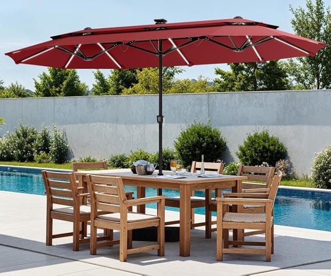PHI VILLA 13ft Patio Umbrella with 120 PCS Solar-Powered LED Color-Changing Lights, 2-Tier Double-Sided Large Rectanglular Umbrella with Base Included, Wine Red