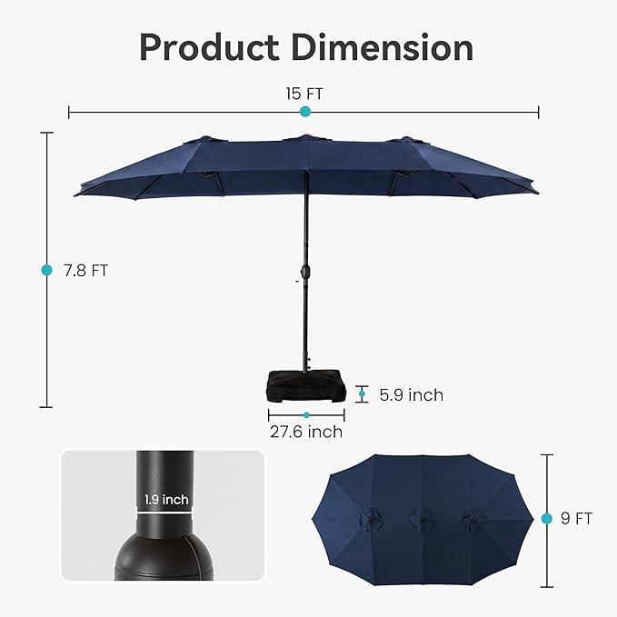 COSIEST 15FT Patio Umbrella with Base Included, Outdoor Double-Sided Table Umbrella,Large Rectangular Market Umbrella w Crank Handle for Garden, Pool, Deck Shade, Navy Blue