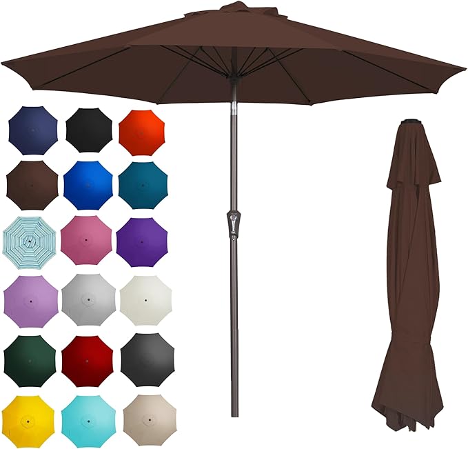 PatioKingdom 9FT Patio Outdoor Umbrella-UPF 50+ Sun Shade with Wind Vent, Push-Button Tilt & Smooth Crank Lift, Rust-Resistant Fiberglass Frame for Garden, Backyard,Yard (Brown)