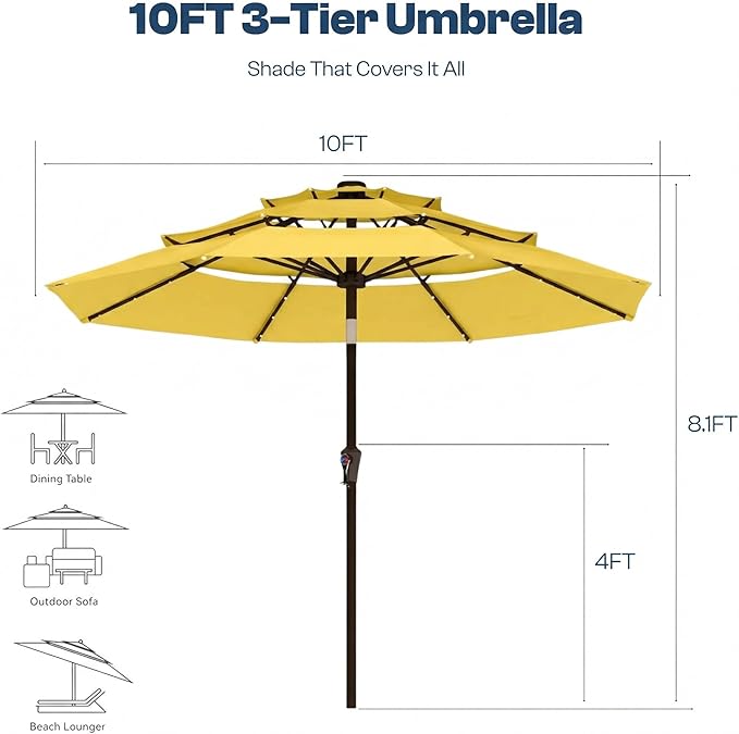10ft 3-Tier Patio Umbrella with 32 Solar Powered LED Lights, Windproof Outdoor Market Umbrella for Deck, Poolside & Garden, Sturdy Push-Button Tilt Table Umbrella, Yellow