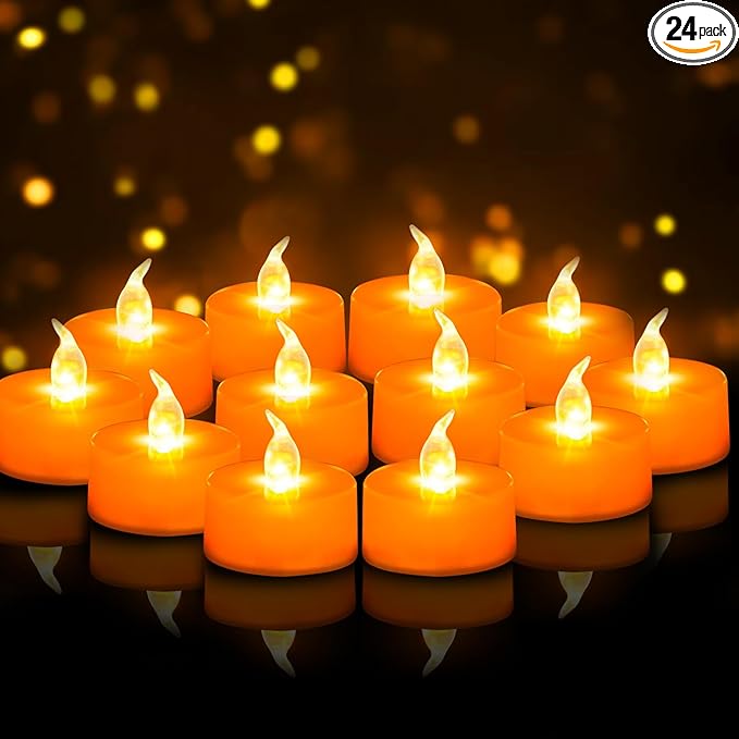 Tea Lights Battery Operated Candles LED Tea Lights Flameless Candles 200+ Hours Flickering Fake Tealights for Sweetest Day Wedding Home Decorations Party (Orange Base, 24 Pack)