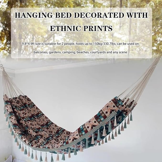 Colorful Ethnic Print Decorative Hammock, Double Hanging Bed with Tassels, Anti-Rollover/Easy to Set Up, Load Bearing 150kg/330.7lbs(Print A)