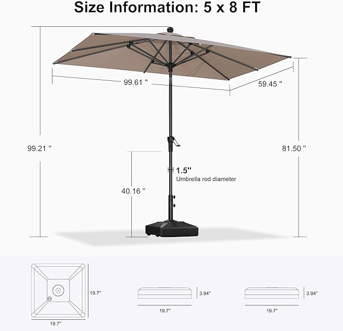PURPLE LEAF 8' x 5' Rectangle Patio Market Umbrella with Base Outdoor Table Umbrellas Aluminum Frame Sun Shade with 8 Sturdy Ribs Tilt for Garden Deck Lawn Pool Beige
