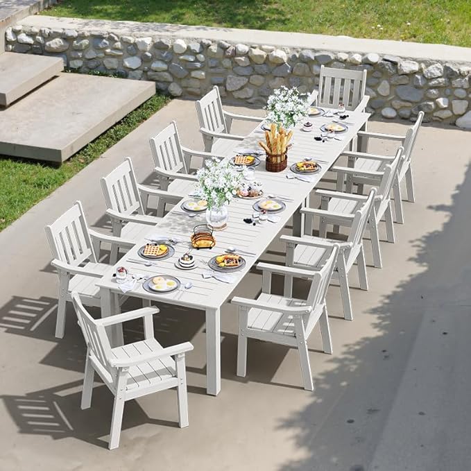 YEFU Outdoor Patio Dining Sets: All Weather 12 Piece Dining Table Set for 10 with Umbrella Hole & Aluminum Frame - Outdoor Furniture 2 Table and 10 Chairs for Outside Backyard/Porch/Deck White