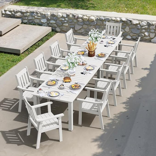 YEFU Outdoor Patio Dining Sets: All Weather 12 Piece Dining Table Set for 10 with Umbrella Hole & Aluminum Frame - Outdoor Furniture 2 Table and 10 Chairs for Outside Backyard/Porch/Deck White