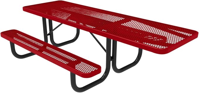 COATEDOUTDOORFURNITURE Heavy-Duty Portable ADA-Compliant Outdoor Picnic Table, Expanded Metal Patio Dining Furniture Made in America (8ft Rectangular, One-Side Handicap, Textured Red)