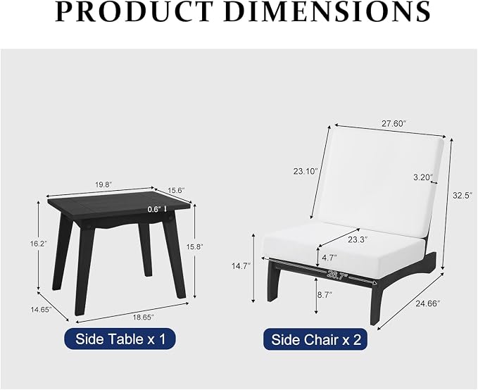 Pia Ricoo 3 Piece Patio Bistro Set with Patio Chairs and Table, Heavy Duty Wood Patio Furniture Set, All-Weather Outdoor Chairs for Balcony, Deck, Poolside, Porch - Beige/Dark